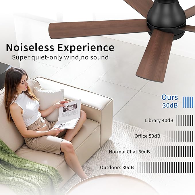 POCHFAN 52 Inch Black Ceiling Fans with Lights and Remote, LED Low Profile Flush Mount Ceiling Fan for Bedroom, Living Room, with Quiet DC Motor, Dimmable 6 Speeds