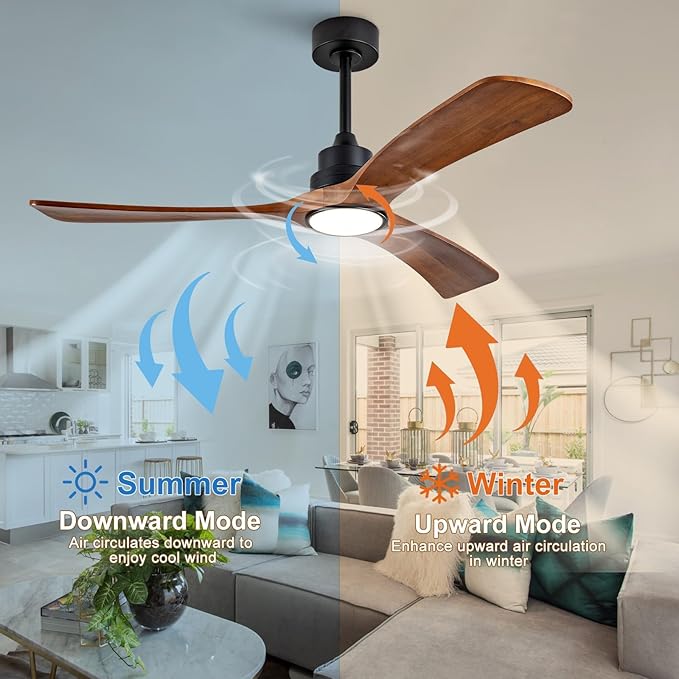 52 inch Ceiling Fans with Lights and Remote Control,Wall Switch,Solid Wood Blades,Dimmable,Reversible Noiseless,Power Off Memory Modern Black Ceiling Fan for Bedroom Patio Indoor/Outdoor Use
