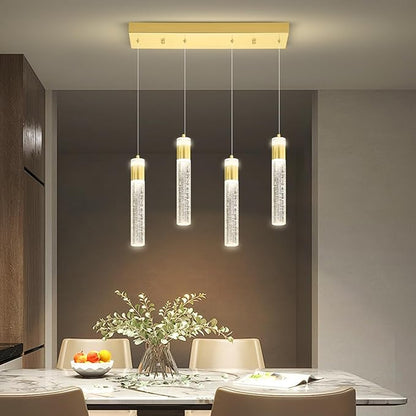 4-Light Gold Pendant Lights Kitchen Island Modern LED Gold Crystal Column Chandeliers Dimmable Crystal Ceiling Light for Dinning Room Living Room 32W