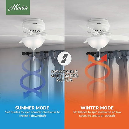 Hunter 42 inch Indoor Ceiling Fan with LED Light - White Ceiling Fan with Pull Chain, For Bedroom or Living Room, Low Profile Flush Mount, No Remote, 5 Blades - Newsome 51080, Fresh White