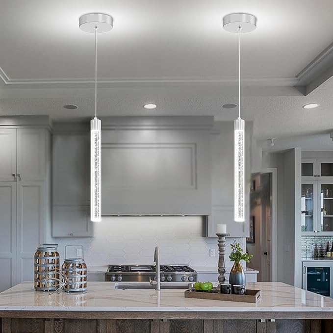 Modern Mini Crystal Pendant Light for Kitchen Island Dimmable LED Adjustable Crystal Column Chandelier Lighting Hanging Pendant Lighting 1 Light Silver