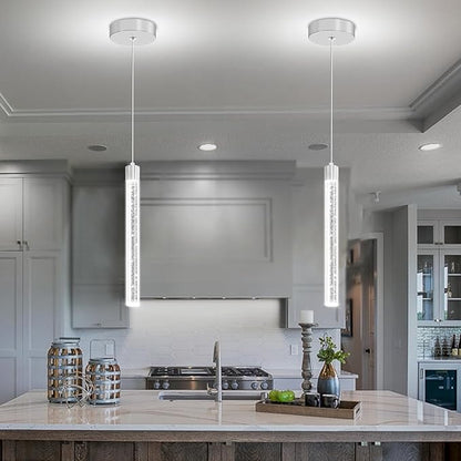 Modern Mini Crystal Pendant Light for Kitchen Island Dimmable LED Adjustable Crystal Column Chandelier Lighting Hanging Pendant Lighting 1 Light Silver