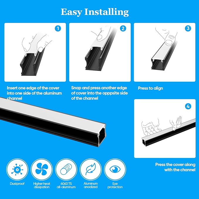 Besseto 8 Pack 6.6ft/2M Spotless LED Aluminum Channel Black,Milky Cover Deep Aluminum Profile Channel for LED Strip Light Width Up to 12mm