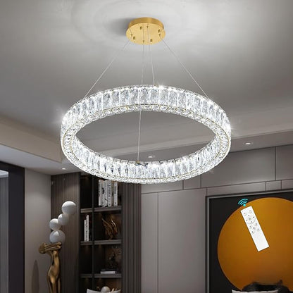 HAIXIANG Modern Crystal Chandelier Dimmable LED Ring Pendant Lights Adjustable Glam Chandeliers Lighting Fixtures for Dining Room Living Room Bedroom Gold Light