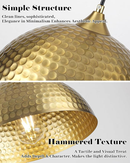 Gold Pendant Lights Kitchen Island 2 Pack, 12 Inch Hammered Dome Pendant Light, Farmhouse Kitchen Pendant Lights, Industrial Hammered Pendant Light for Kitchen, Dining Room, Barn