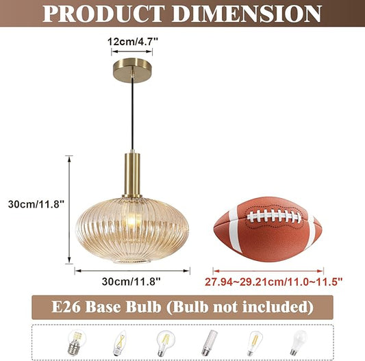 KCO Lighting Vintage Gold Pendant Light Fixture Amber Glass Pendant Light Mid Century Modern Lantern Light Antique Brass Dining Room Light Large Hanging Light Fixture