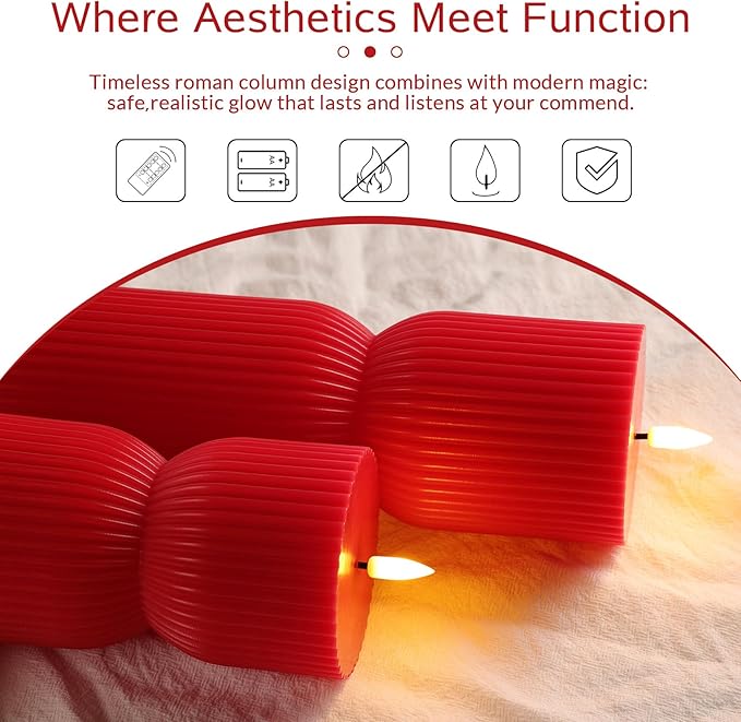 Red Ribbed Fluted Flameless Pillar Candles with Remote, Battery LED Wax Candles Flickering Home Aesthetics Decor Gift Set of 2