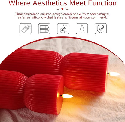 Red Ribbed Fluted Flameless Pillar Candles with Remote, Battery LED Wax Candles Flickering Home Aesthetics Decor Gift Set of 2