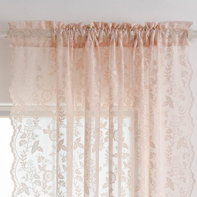 FINECITY Sheer Lace Curtains 72 Inch Length - Country Branch Floral Embroidered Lace Sheer Curtains 2 Panels Set, Privacy Sheer Vintage Scalloped Lace Window Curtains, 52 x 72 Inch, Blush Pink
