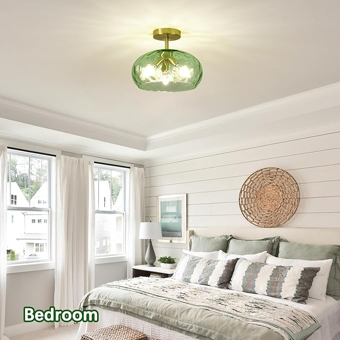 Luafac Green Glass Flush Mount Ceiling Light - 12 Inch Hammered Glass Hallway Light fixtures Ceiling, Vintage Gold Semi Flush Mount Ceiling Light,Mid Century Light Fixture for Bedroom Entryway Kitchen