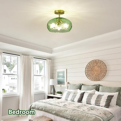 Luafac Green Glass Flush Mount Ceiling Light - 12 Inch Hammered Glass Hallway Light fixtures Ceiling, Vintage Gold Semi Flush Mount Ceiling Light,Mid Century Light Fixture for Bedroom Entryway Kitchen