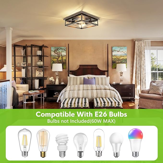 Farmhouse Ceiling Light Fixture - Industrial Square Modern Black Flush Mount Ceiling Light for Kitchen, Hallway, Bedroom, Balcony, Porch, Stairway, E26 (1 Pack - Black Gold, 12 Inch)