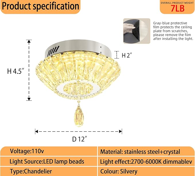 Silver 12'' LED Mini Crystal Chandelier Dimmable Flush Mount Ceiling Light for Hallway Modern Living Room Bedroom Dining Room Foyer