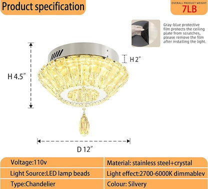 Silver 12'' LED Mini Crystal Chandelier Dimmable Flush Mount Ceiling Light for Hallway Modern Living Room Bedroom Dining Room Foyer
