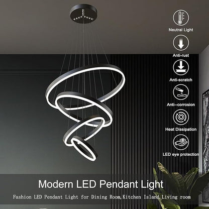 Modern LED Pendant Light, Black 4 Ring Circular Chandelier Fixture, Adjustable Height Circular Entrance Pendant Light, Suitable for Restaurants, Kitchens, Islands, Living Rooms, Cafes, Etc. (4000K)