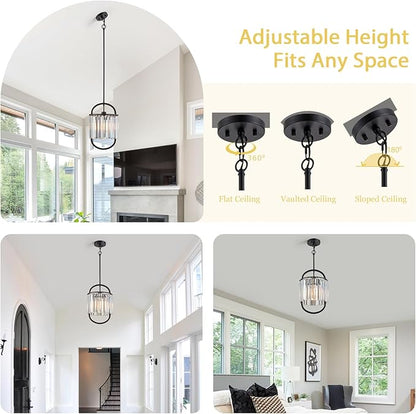 Black Crystal Pendant Light for Dining Room, 9.4" Mini Luxury Crystal Chandelier Lights Fixture, Small Modern Elegant Adjustable Chandelier for Bedroom Kitchen Island