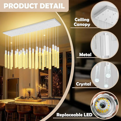 24-Light Rectangular Crystal Chandelier, Large Silver Bubble Crystal Column Pendant Light, Adjustable Height Hanging Chandeliers for Kitchen Island, Living Room, Foyer