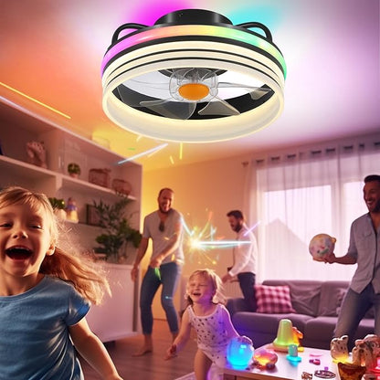 Mpayel Flush Mount Ceiling Fan with Light - Small Low Profile Ceiling Fan,13" RGB Dimmable LED Bladeless Ceiling Fans, Modern Enclosed LED-RGB Ambient Light for Bedroom, Kids Room, Party