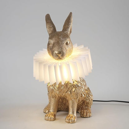 Gold Scarf Bunny Lamp,Resin Crafted Sitting Rabbit Table Lamp,White Pleated PC Lampshade,USB Powered LED Nightstand Lamp,Cute Home Decor & Kids Bedroom Nursery Light