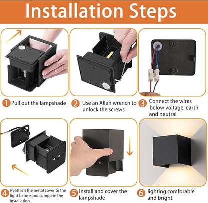 4 Pack LED Outdoor Wall Sconces Exterior/Interior,Modern Black Square Aluminum Wall Light Fixture Set,Variable Beam IP65 Waterproof Lights.15W 3-Color-Changeable Up and Down Outdoor Lighting Fixtures.