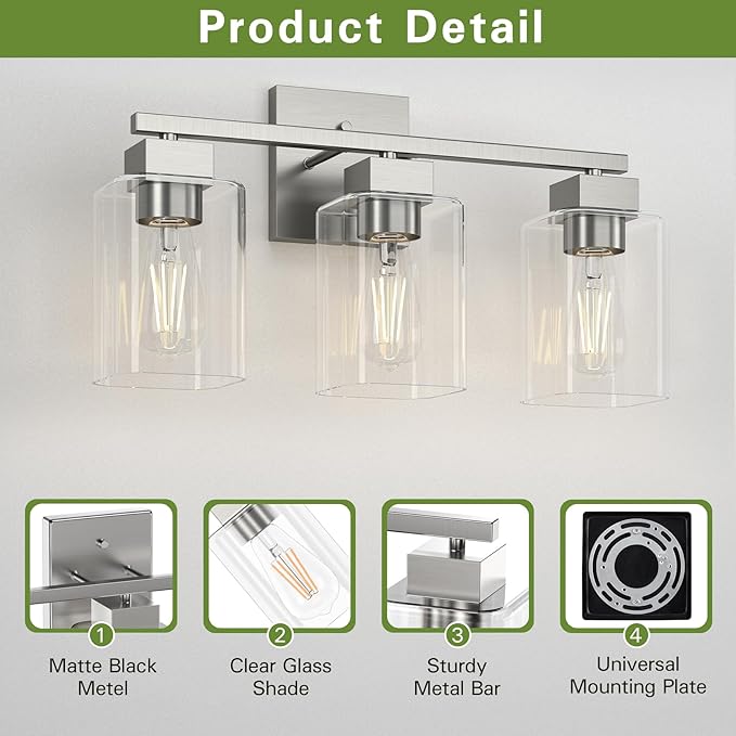 Brush Nickel Bathroom Vanity Light - 3 Light Bathroom Light Fixture Square Design & UL Certification & Square Bath Room Lights Fixture Over Mirror