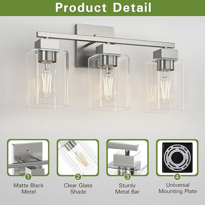 Brush Nickel Bathroom Vanity Light - 3 Light Bathroom Light Fixture Square Design & UL Certification & Square Bath Room Lights Fixture Over Mirror