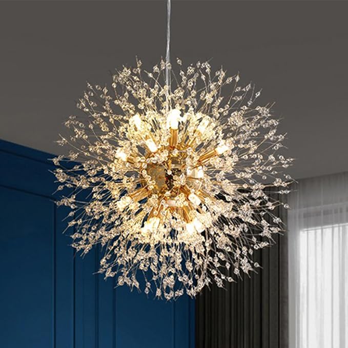 Modern Dandelion Firework Chandelier, Gold Dining Room Chandelier, Crystal Hanging Pendant Lighting Fixture for Living Room, Bathroom, Bedroom, Restaurant, 16-Light