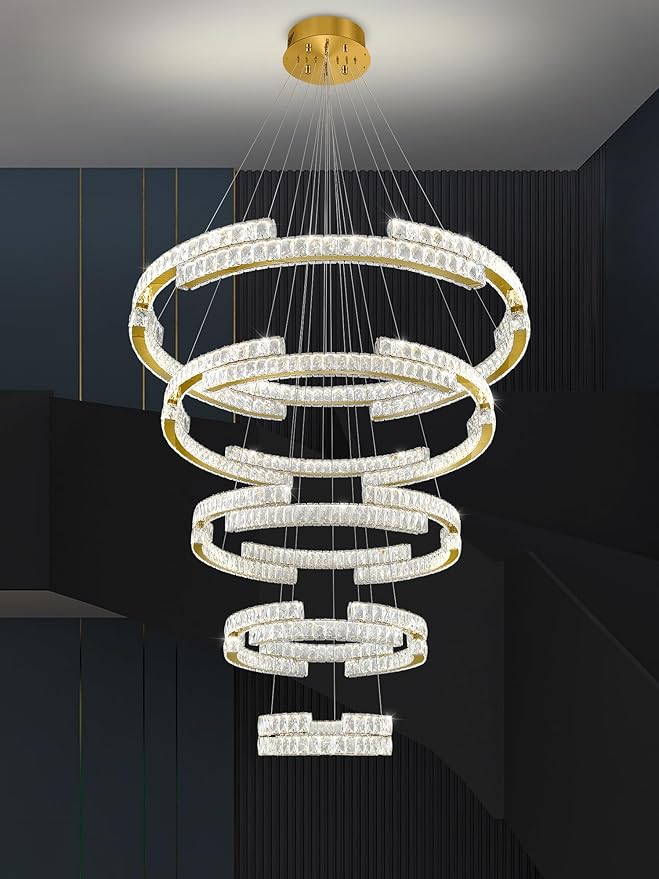 Gold Large 5 Ring Crystal Chandelier for High Ceiling Modern Long Stair Chandeliers LED Dimmable, for Villa,2-Story Foyer D47.5''+D40''+D32''+D24''+D16''