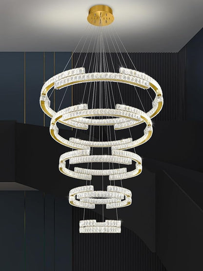 Gold Large 5 Ring Crystal Chandelier for High Ceiling Modern Long Stair Chandeliers LED Dimmable, for Villa,2-Story Foyer D47.5''+D40''+D32''+D24''+D16''