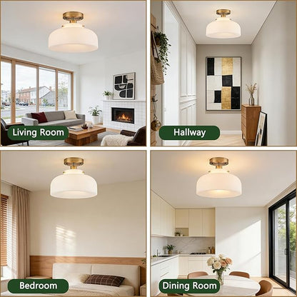Semi Flush Mount Ceiling Light Fixture, 11.7 Inch Copper Finish with Milk Glass Schoolhouse Style for Kitchen Hallway Entryway