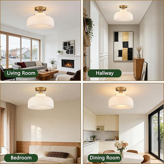 Semi Flush Mount Ceiling Light Fixture, 11.7 Inch Copper Finish with Milk Glass Schoolhouse Style for Kitchen Hallway Entryway