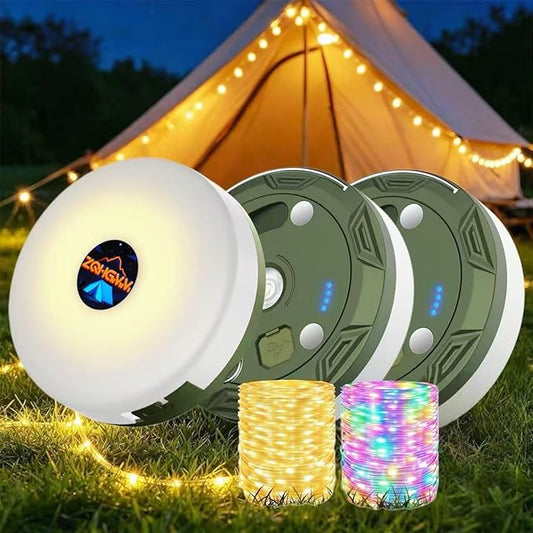 2-Pack Camping String Lights, 4-in-1 Quick-Closing, 32.8-Foot Rechargeable Tent Lights, 8 Lighting Modes, Portable LED Lights, Christmas Fairy Lights Party Decorations Camping Essentials