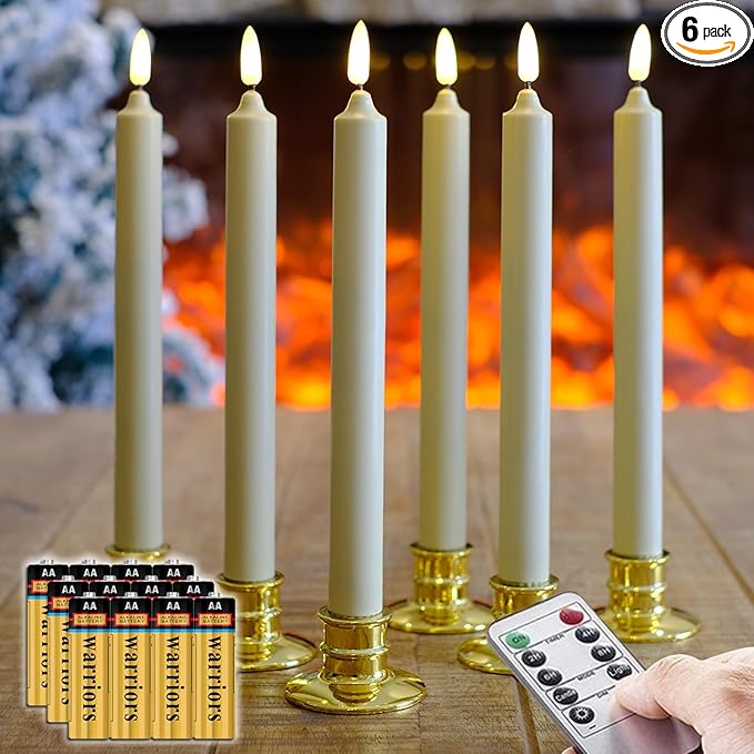 6 Pack Flameless Ivory real Wax Window Candles with 12 AA Batteries(Include, Run More Than 400 Hours) and Golden Candlebase, 10" Flickering Battery Operated LED Taper Windows Candles with Remote Timer