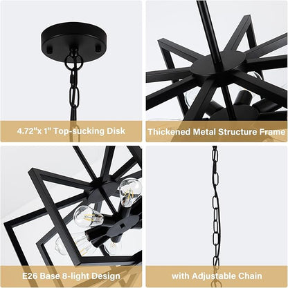 Modern Chandelier, 27.5'' Large Black Chandelier Light Fixture Industrial Max 60'' Hanging Adjustable Farmhouse Chandeliers for Dining Room Entryway Living Room Kitchen (8-Light, E26)