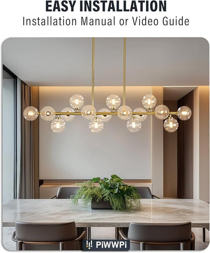 55" Long Brass Gold Chandeliers for Dining Room Kitchen Island, Large Globe Sputnik Linear Chandelier, 16 Lights Mid Century Modern Light Fixture Over Table, Clear Bubble, GC-08