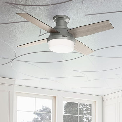 Hunter 44 inch Indoor Ceiling Fan with LED Light and Remote Control - Modern Ceiling Fan, Low Profile Mount, 4 Blades, For Bedroom, Living Room, or Kitchen, Quiet - Dempsey 51757, Matte Silver