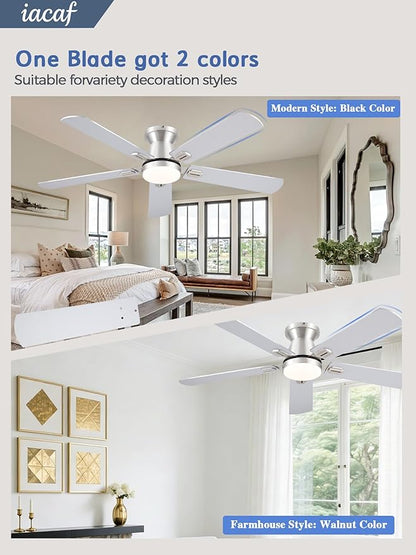 Ceiling Fans with Lights, 52'' Low Profile Ceiling Fan with Light and Remote/APP Control, Dimmable, Qiuet DC Motor, Flush Mount Ceiling Fan for Indoor Bedroom Living Room, Nickel