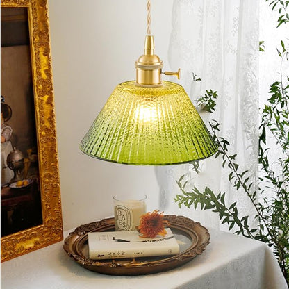 Vintage Pendant Lights Kitchen Island 2 Pack, Adjustable Brass Pendant Light Fixtures with Gradient Green Glass Shade, Gold Kitchen Pendant Lighting Over Island, Pendant Light for Dining Room Hallway