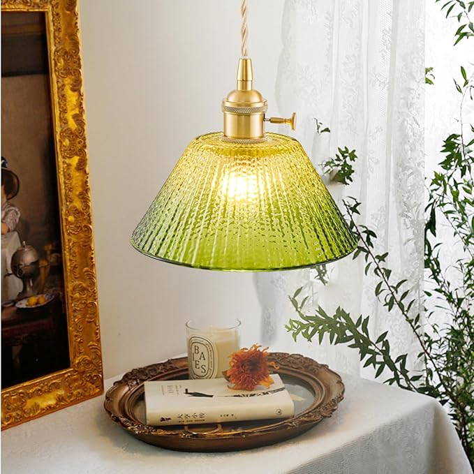 Plug in Pendant Light Vintage 2 Pack, Dimmable Pulley Hanging Lamp with Gradient Green Glass Shade, Brass Hanging Lights with Plug in Cord, Gold Plug in Hanging Light Fixture for Living Room Ceiling