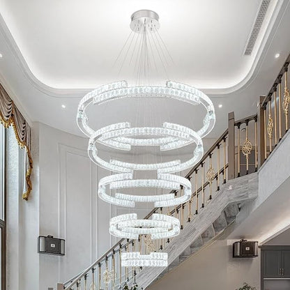 Modern Large Ring Chandelier Lighting, LED 5 Ring Crystal Chandelier High Ceiling Foyer Chandeliers for Staircase Living Room Silver D47.5''+D40''+D32''+D24''+D16''