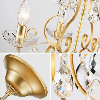 WUZUPS Crystal Candle Chandelier Pendant Flushmount Ceiling Light Modern Lighting Fixture for Bedroom Hallway Bar Kitchen Bathroom, H 14" x W 16", Gold, E12 Base