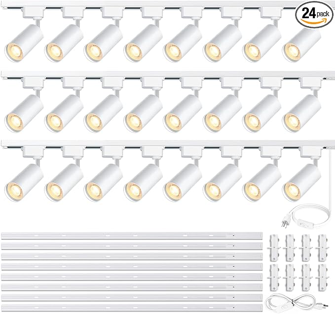 Ultra-Bright H Type White Track Lighting Kit with 26.21 FT Track Rails, 24Heads 6000K Cool White 20W 2400lm, Dimmable Plug in LED Track Lights for Store, Moblie Cart and Office