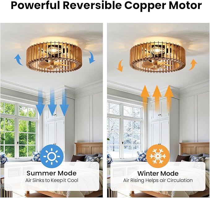 20'' Flush Mount Caged Ceiling Fan with Light, Wooden Low Profile Ceiling Fan with Light and Remote, 6 Speed and Reversible, Farmhouse Enclosed Fan Lights for Bedroom, Dining Room