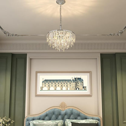 Modern Chrome Crystal Chandelier, 18" Round Chandeliers for Dining Room 4-Tier 6 Lights Luxury Top K9 Crystal Ceiling Pendant Light Fixture for Foyer Bedroom Closet