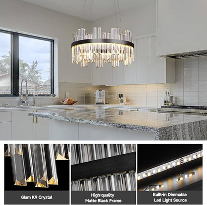 Black Led Modern Crystal Chandelier: 19.7" Round Contemporary 3 Color Dimmable Dining Room Light Fixture over Table - Adjustable Lighting Chandeliers for Bedroom Living Kitchen Island Entryway Foyer