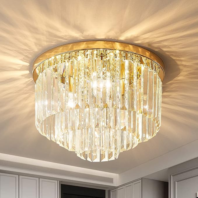 Modern French Gold Crystal Chandelier Ceiling Light,16" Semi Flush Mount 5-Lights 3-Tier Crystal Round Chandelier Light for Bedroom Living Room