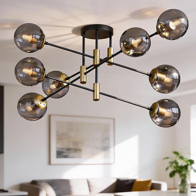 8-Light Sputnik Chandelier Modern Matte Black and Gold Ceiling Light, Glass Globe Hanging Light Fixture for Dining Room, Kitchen Island, Bedroom, Living Room
