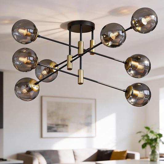 8-Light Sputnik Chandelier Modern Matte Black and Gold Ceiling Light, Glass Globe Hanging Light Fixture for Dining Room, Kitchen Island, Bedroom, Living Room