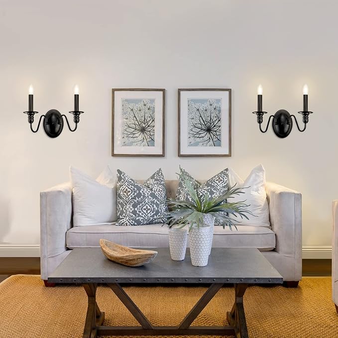 Sconces Wall Lighting, 2 Lights Farmhouse Black Candle Sconce, Industrial Modern Wall Light Fixtures, Mid Century Bathroom Light Fixtures for Bedroom Living Room Kitchen Hallway Stairs Office