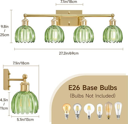 4 Light Vanity Lights for Bathroom, 27.2 in Brushed Brass Gold Bathroom Vanity Lights Over Mirror,Wall-Mounted Bath Room Lighting Fixtures with Green Tulip Glass Shade for Bedroom Living Room